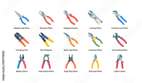 Different types of pliers displayed with labels on white