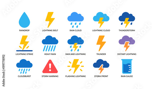 Weather and lightning icons displayed in grid on white background