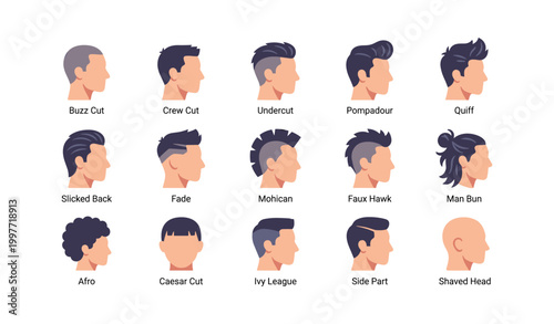 Men hairstyle icons showing various cuts on white background