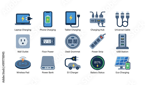 Electronic device charging and power icons arranged on white