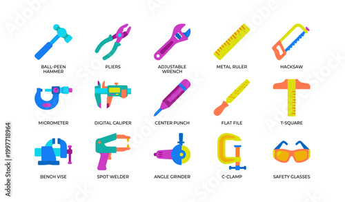 Assortment of workshop tool icons arranged in grid on white