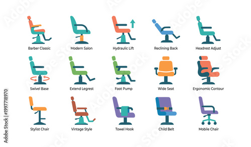 Salon and barber chair icons arranged in grid on white background