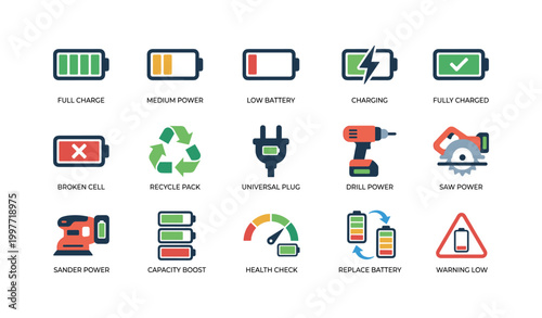 Battery icons showing charge levels and tool power symbols on white