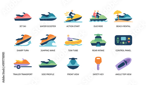 Personal watercraft and jet ski icons arranged on grid