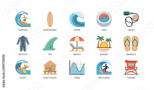 Surfing icons showing surf gear and beach elements on white background