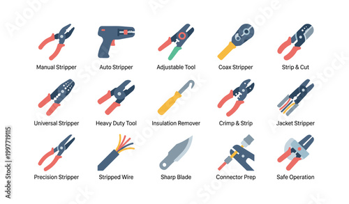 Wire stripping and cutting tool icons on white background