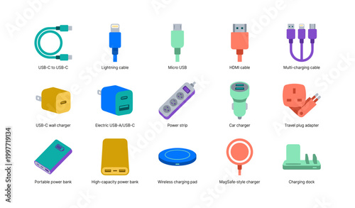 Charging cables and power accessories arranged on white background
