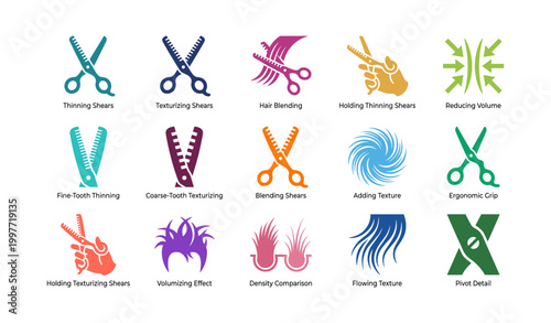 Thinning and texturizing shear icons for hair on white background