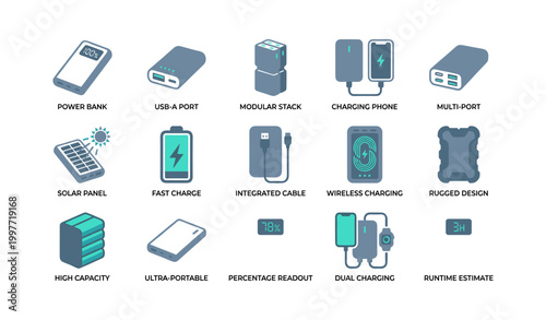 Power bank and charging feature icons arranged on white background