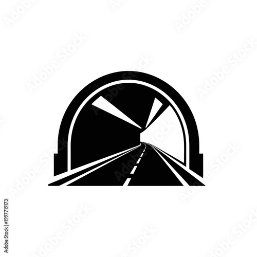 Tunnel illustration with road and bright light at the end, black and white.