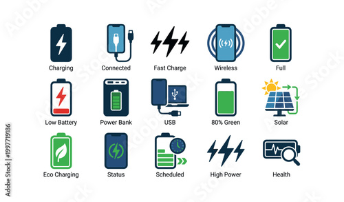Battery charging icons showing multiple statuses on white background