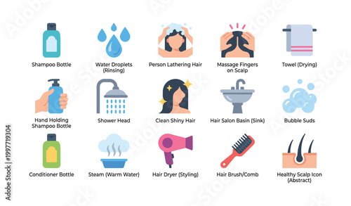 Hair care and salon icons showing grooming tools and steps
