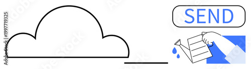 Cloud computing, file sharing, data transfer, digital communication, online storage, remote collaboration. Cloud graphic and hand sending document. Cloud computing and file sharing concept