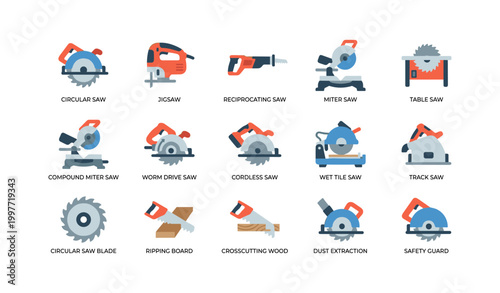 Various saw and cutting tool icons arranged on white background