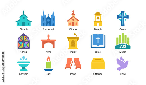 Church and worship icons showing religious symbols on white background