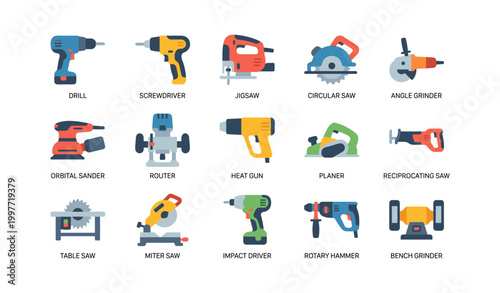 Power tool icons arranged in labeled grid on white background