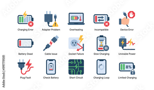 Battery and charging error icons displayed in grid layout