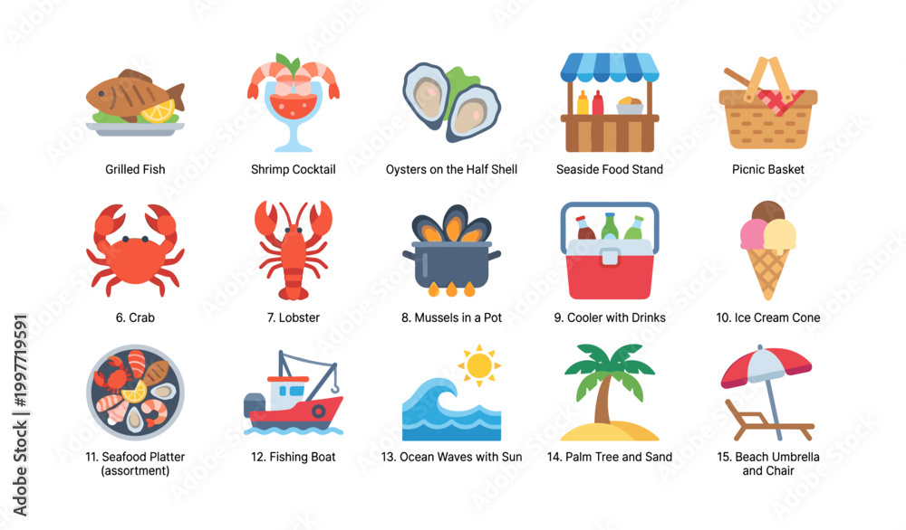 Naklejka premium Seafood and beach food icons arranged in a grid layout