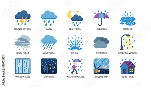 Weather icons depicting rain and storm conditions on white background
