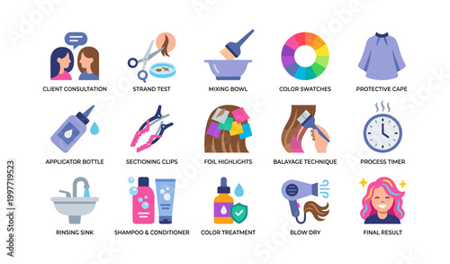 Hair salon icons showing coloring process and styling tools