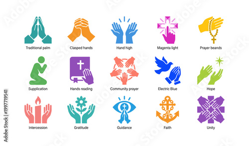 Prayer and hands icons representing faith themes in grid