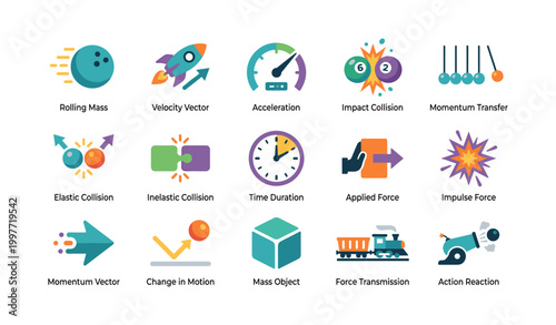 Physics and motion concept icons on white background