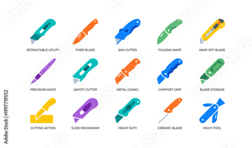 Cutting tool and utility knife icons arranged on white background