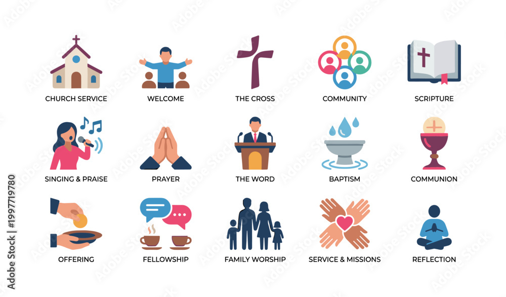 Fototapeta premium Church service icons representing worship events on white background