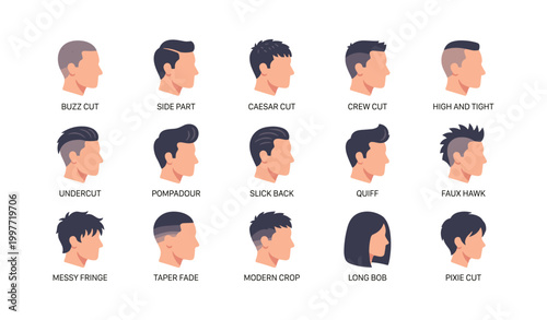 Various haircut profile illustrations arranged in a white grid