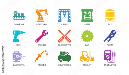 Industrial and tool icons showing machinery and hand tools