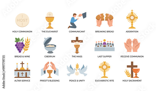 Communion and eucharist icons depicting sacrament symbols