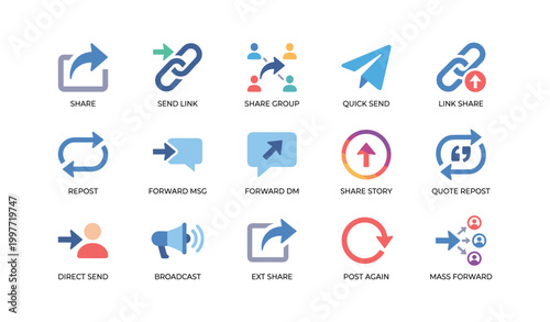 Share and send interface icons displayed in rows on white