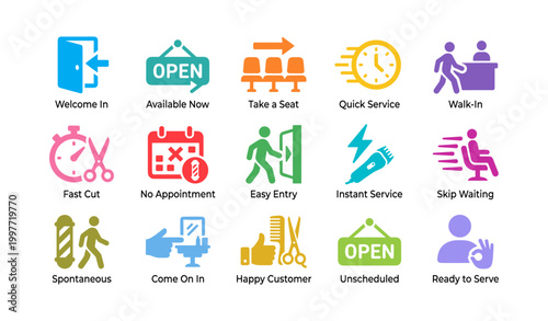 Service and waiting icons showing walk in availability on white