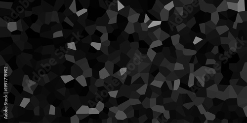 Dark abstract geometric mosaic background with scattered light gray polygonal fragments and a deep black base for modern design