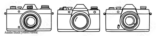 Camera set with black line art icon on white background featuring photography, camera, iconography with minimalist and vector