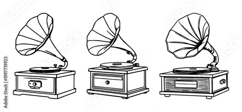 Black line art, white background: vintage gramophone with horn set with simple line art design featuring line art, illustrations, graphic resources with vector and design elements