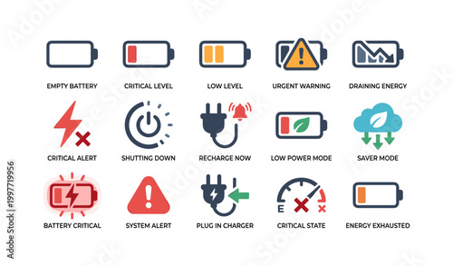 Battery and power alert icons arranged in grid on white background