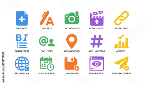 Social media posting icons arranged in grid on white background