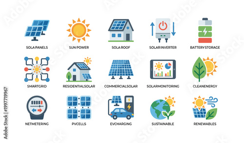 Solar energy icons arranged in grid on white background
