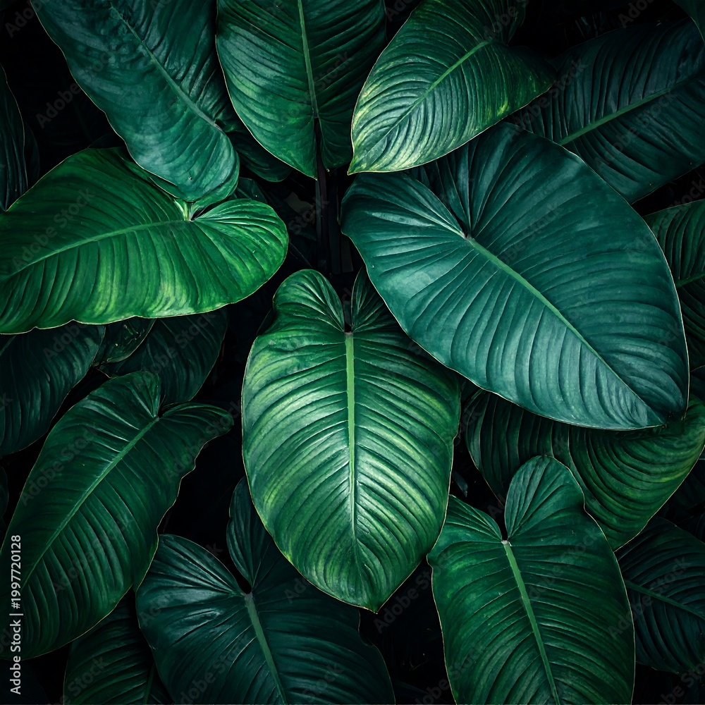 Fototapeta premium Large dark green tropical leaves closeup.