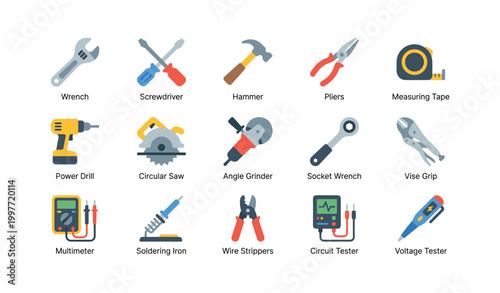 Hand and power tool icons arranged in grid on white background