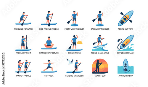 Paddleboarding icons showing various sup postures and actions