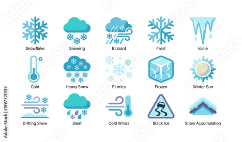 Winter weather icons showing snow and cold symbols on white background