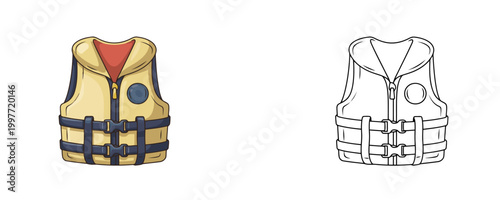 Yellow safety life jacket with blue straps in cartoon and line styles protective equipment for water sports and swimming isolated on white background