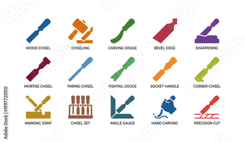 Chisel and carving tool icons displayed on white background