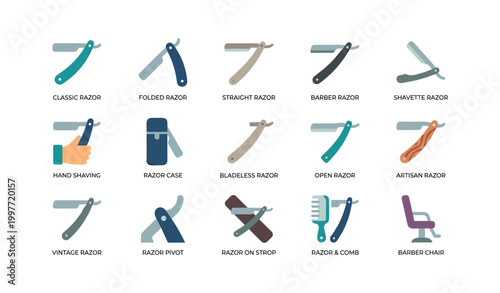 Straight razor and barber tool icons displayed on white background