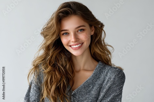 American woman smiling portrait with clean teeth for dental ad