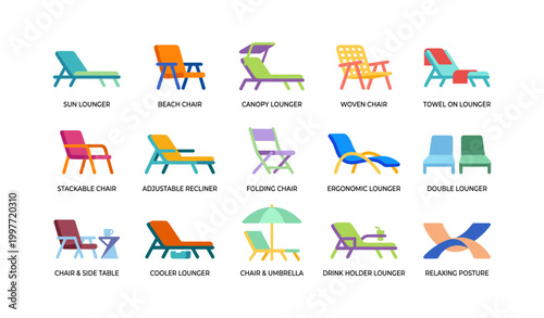 Beach and pool lounger icons showing chair types on white
