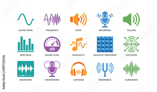 Audio icons representing sound concepts and controls on white background