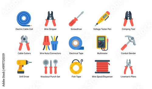 Electrical tools icons showing tools and supplies on white background